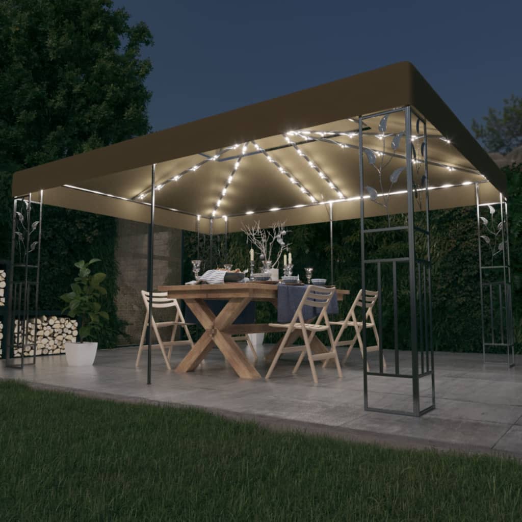 Vidaxl Arbor con doppio tetto e ghirlanda leggera a LED 3x4 m taupe