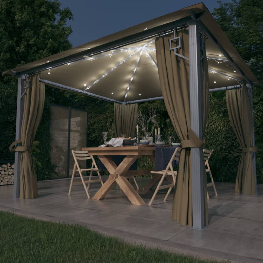 Vidaxl Arbor z zaveso in LED LAHKO GARLAND 3X3 M ALUMINIJ TAUPE