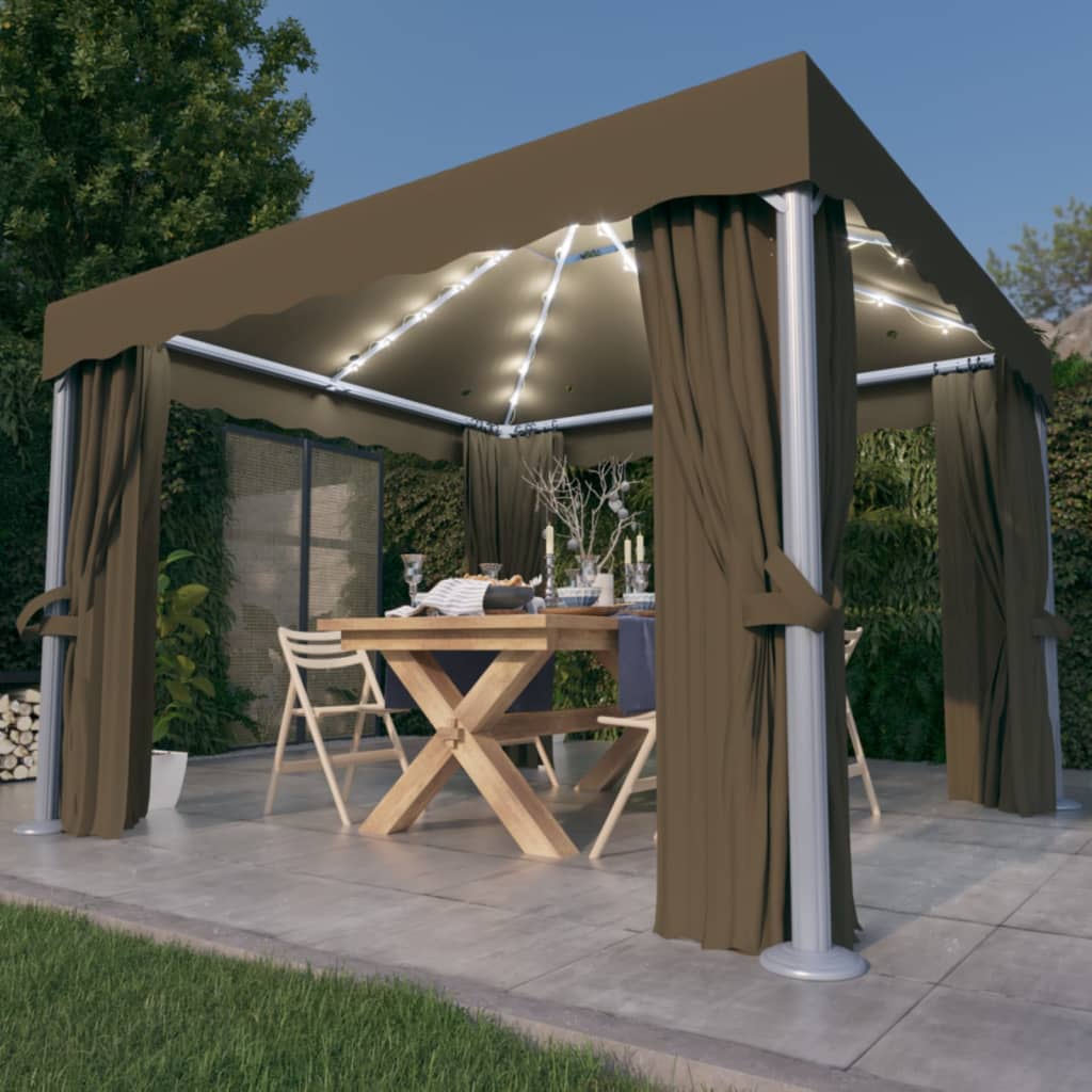 Vidaxl Arbor avec rideau et lumière LED Garland 3x3 m taupe