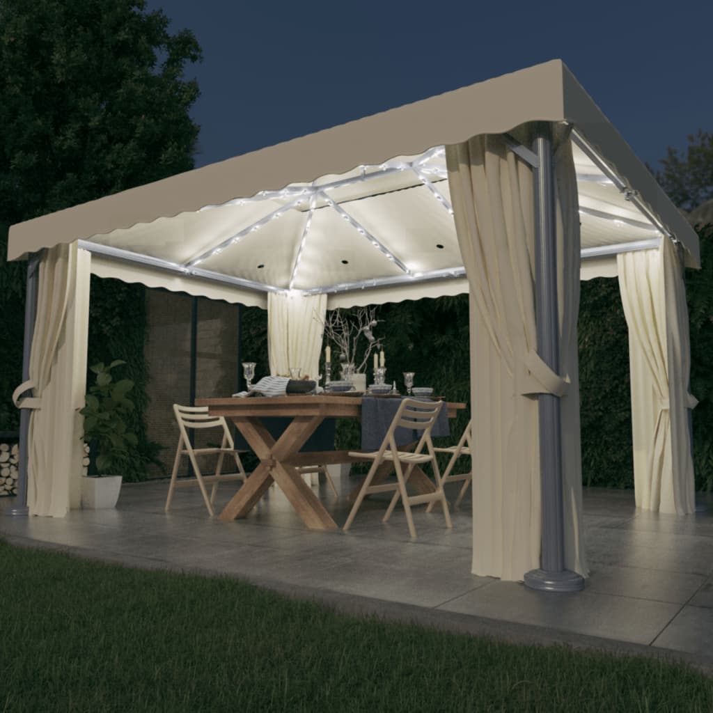 Vidaxl Arbor med gardin och LED -lätt girland 4x3 m grädde vit