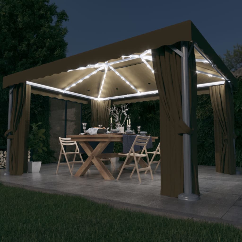 Vidaxl Arbor avec rideau et lumière LED Garland 4x3 m taupe