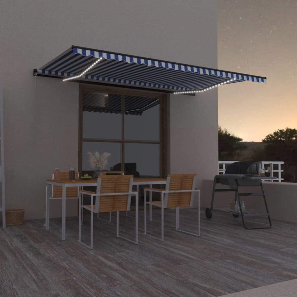 Vidaxl Luifel extensible manuellement avec LED 500x300 cm bleu et blanc