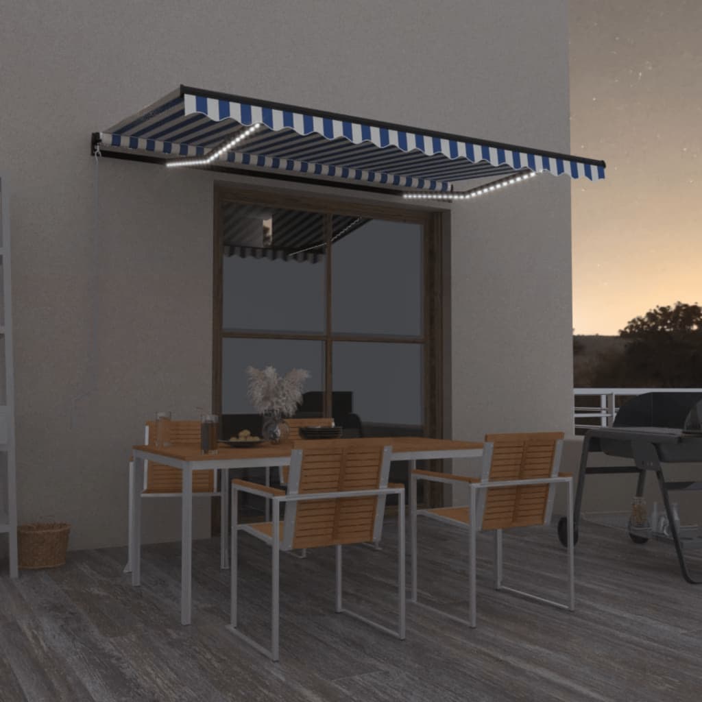 Vidaxl Luifel extensible manuellement avec LED 450x350 cm bleu et blanc