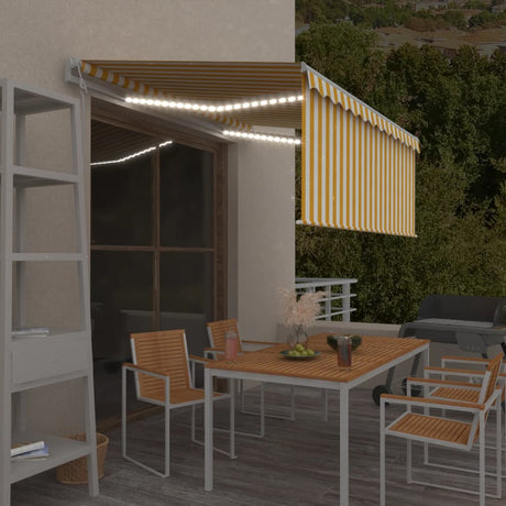 Vidaxl Luifel avec capteur à rouleau à rouleau, LED et vent 3,5x2,5 m jaune et blanc