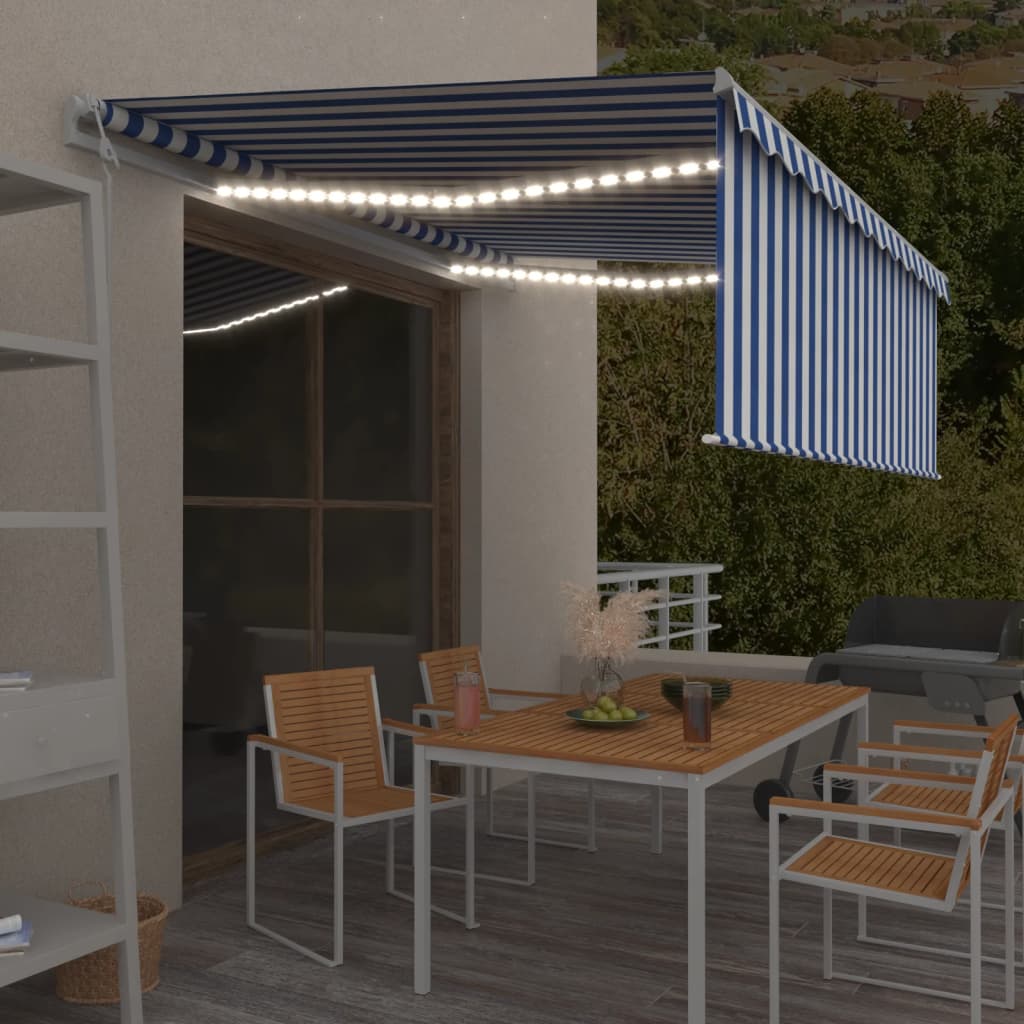 Vidaxl Luifel Capteur de vent à LED aveugle automatique 4x3 m bleu et blanc