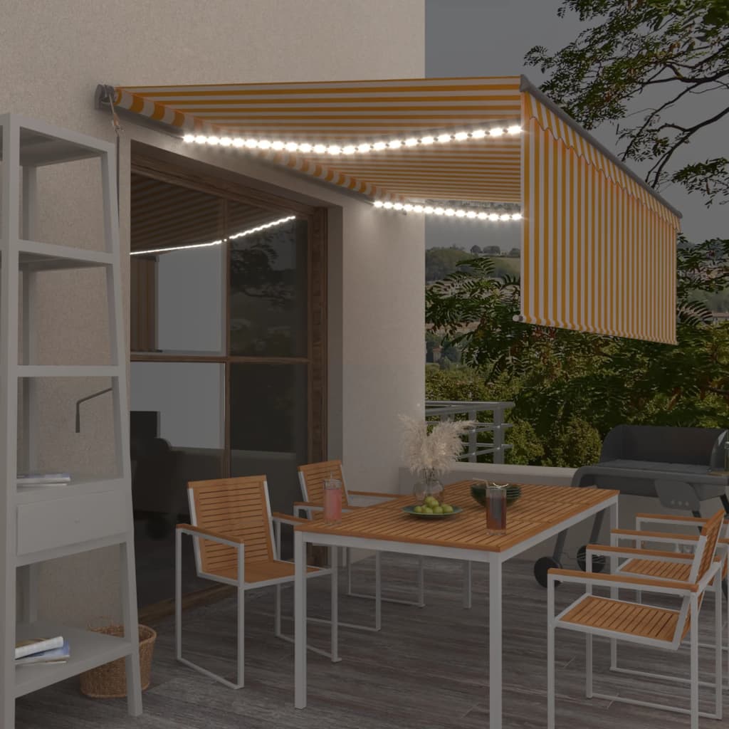 Vidaxl Luifel avec capteur à rouleau à rouleau, LED et vent 4,5x3 m jaune et blanc