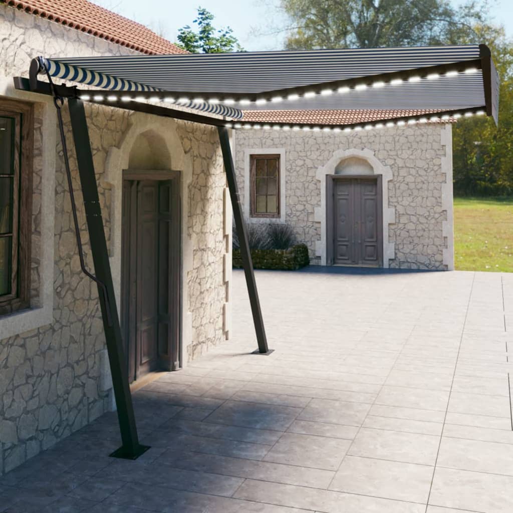 Auvent VidaXL extensible manuellement avec LED 4x3 m bleu et blanc