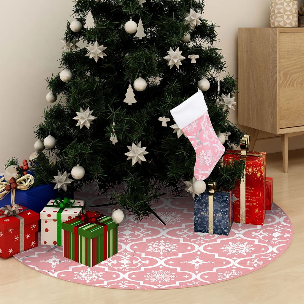 Vidaxl Jupe d'arbre de Noël luxe avec chaussette 90 cm tissu rose