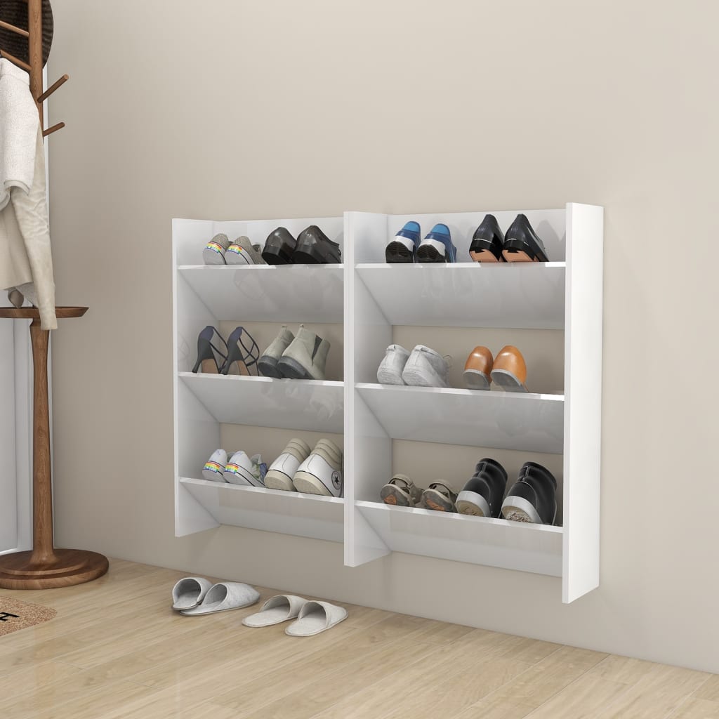 Gabinetes de zapatos de pared de Vidaxl 2 PCS 60x18x90 cm de madera procesada de alto brillo blanco