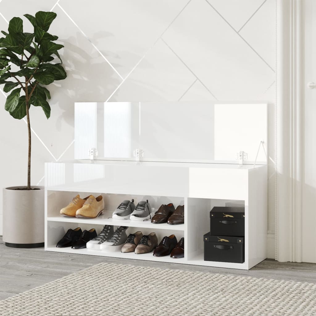 Vidaxl Shoes Bank 105x30x45 cm de madera procesada de alto brillo blanco