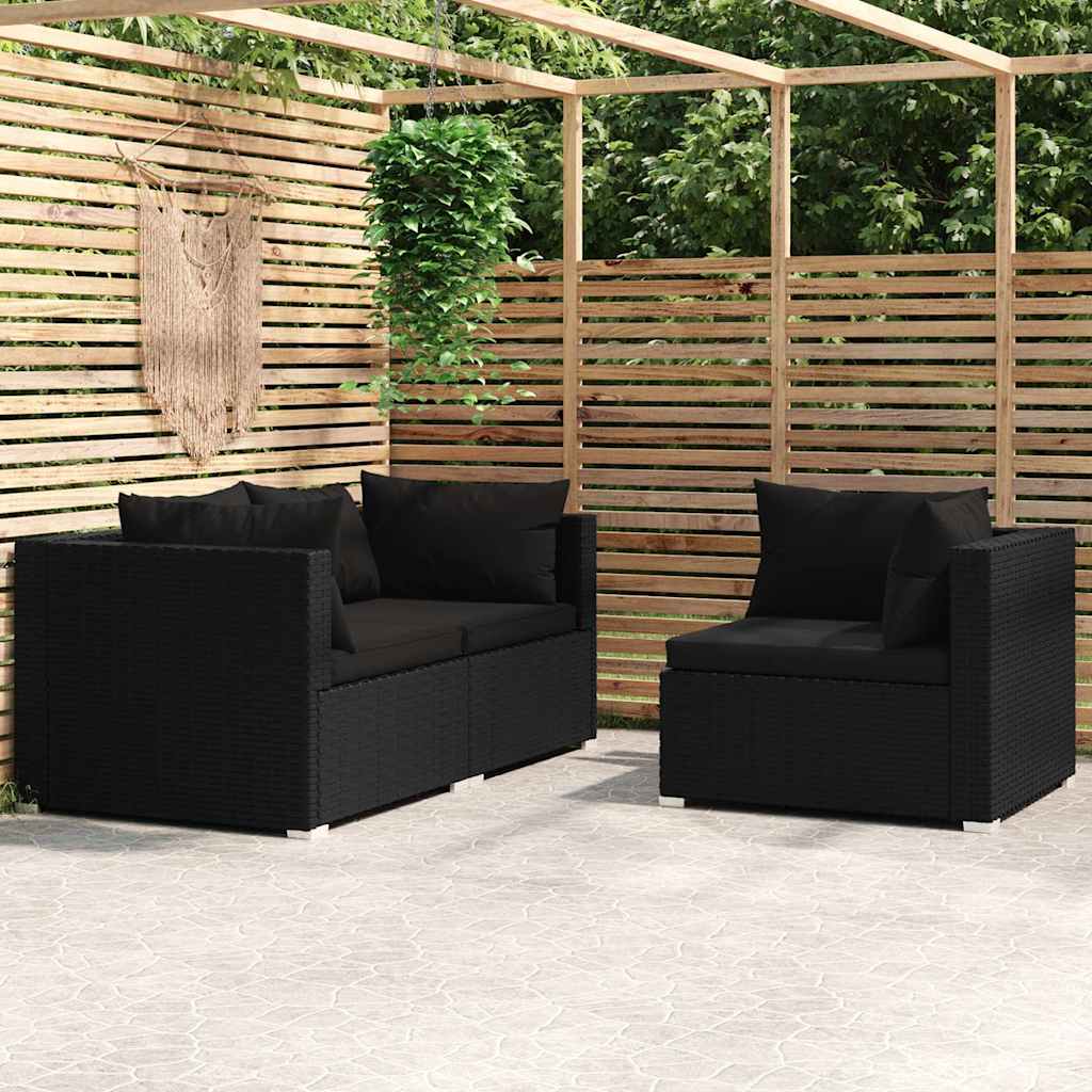 Vidaxl 3-delige loungeset met kussens poly rattan zwart