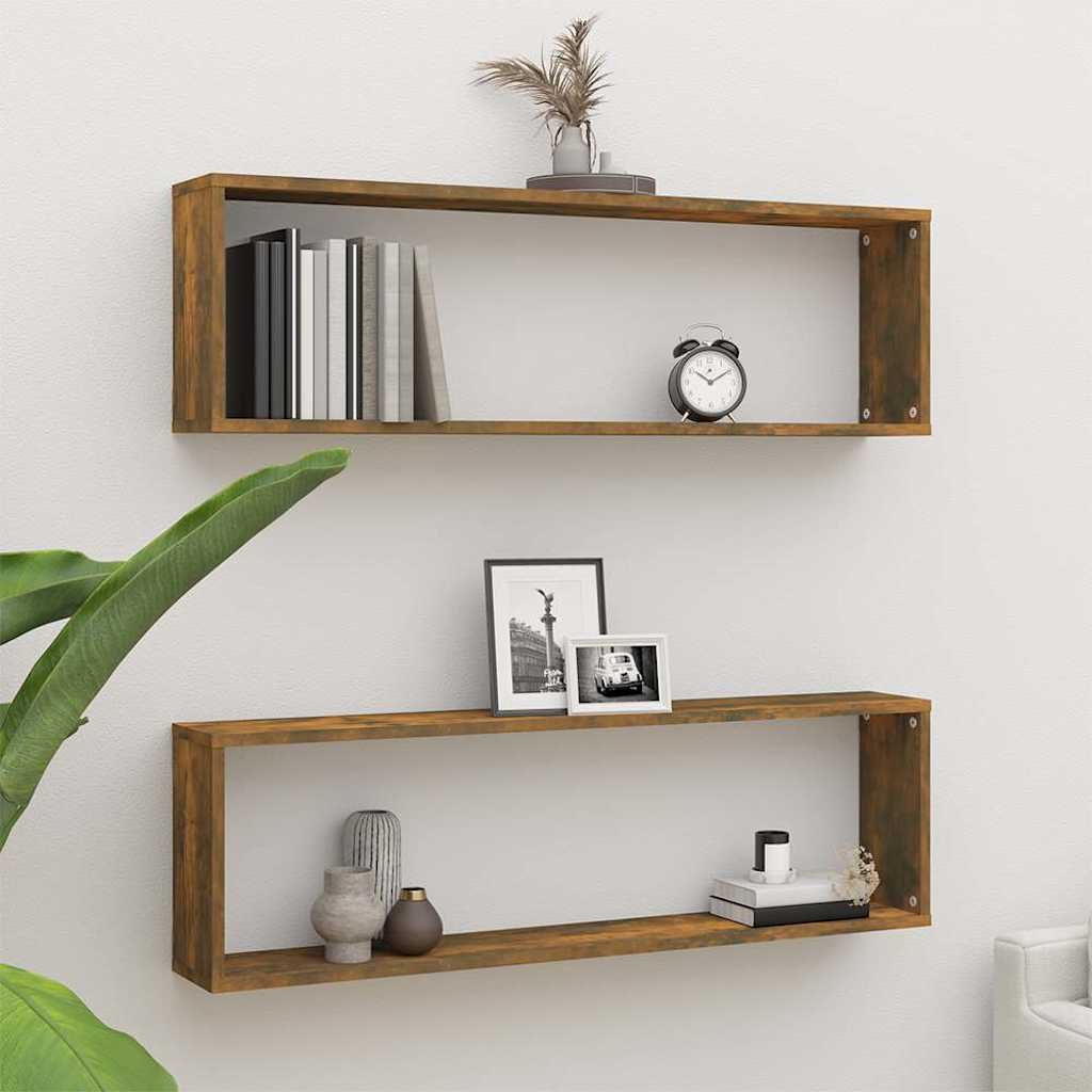 Vidaxl wandschappen kubus 2 st 100x15x30 cm bewerkt hout gerookt eiken