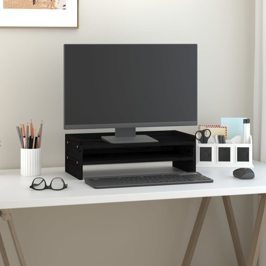 VidaXL support pour moniteur 50x24x16 cm bois de pin massif noir