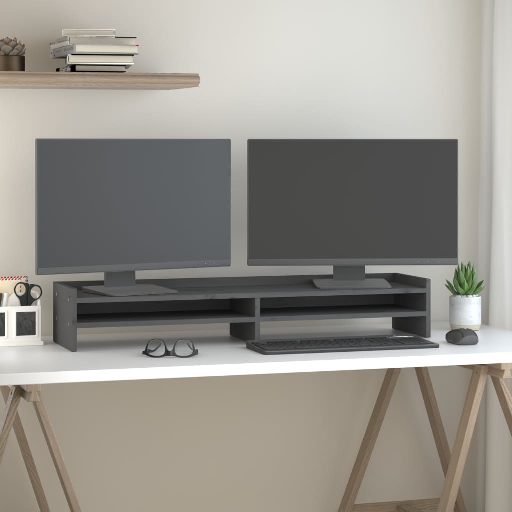 VidaXL support pour moniteur 100x24x16 cm bois de pin massif gris