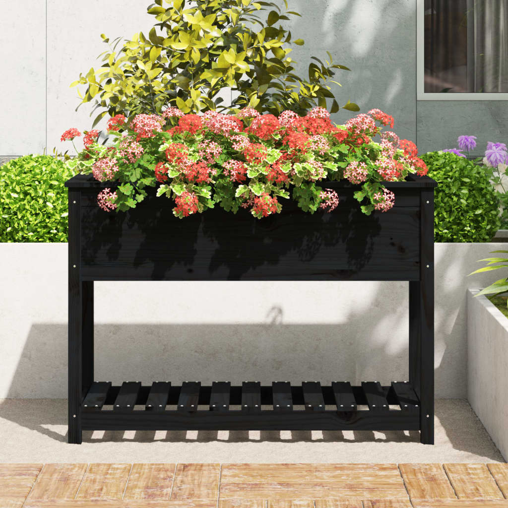 Vidaxl planter med hylde 111.5x54x81 cm Solid fyrretræ sort