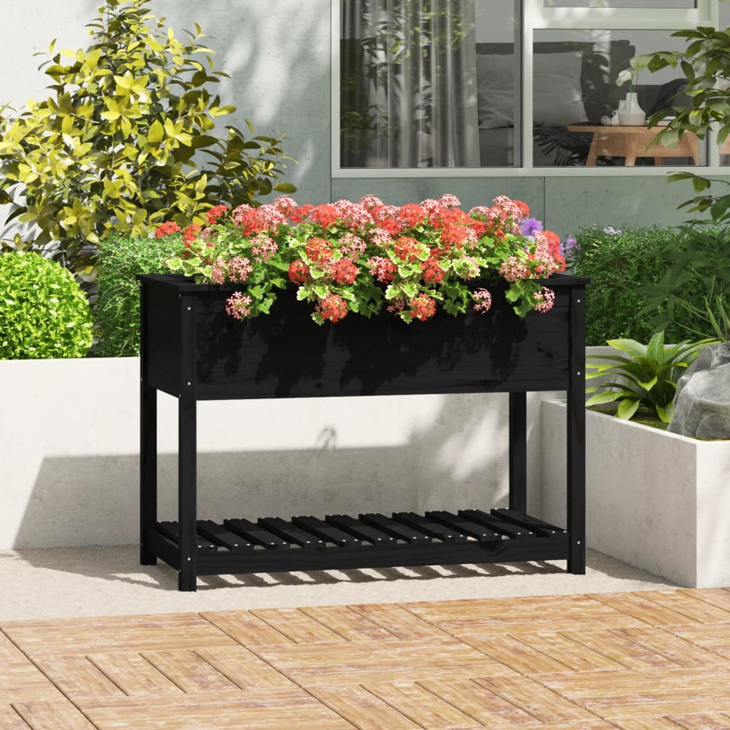 Vidaxl planter med hylde 111.5x54x81 cm Solid fyrretræ sort