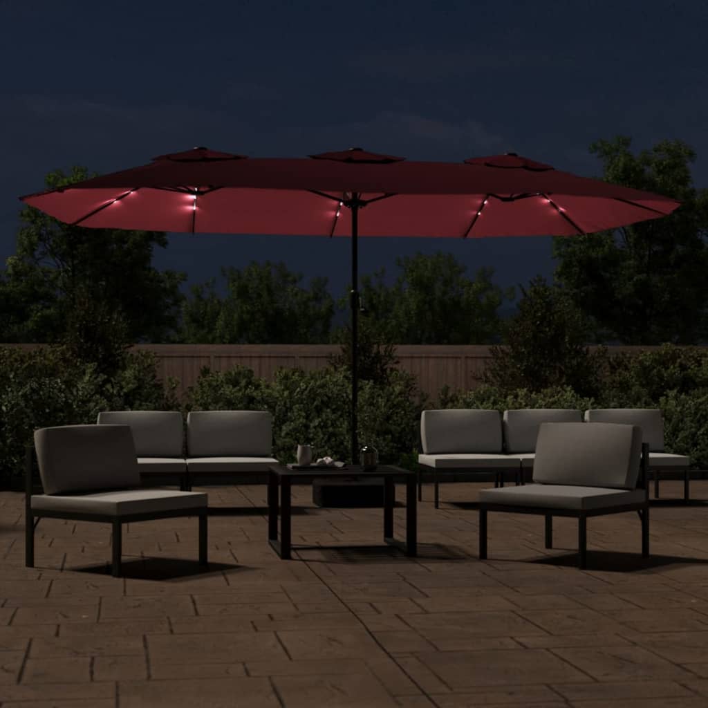 Vidaxl Parasol Techo doble con LED 449x245 cm Burdeos rojo