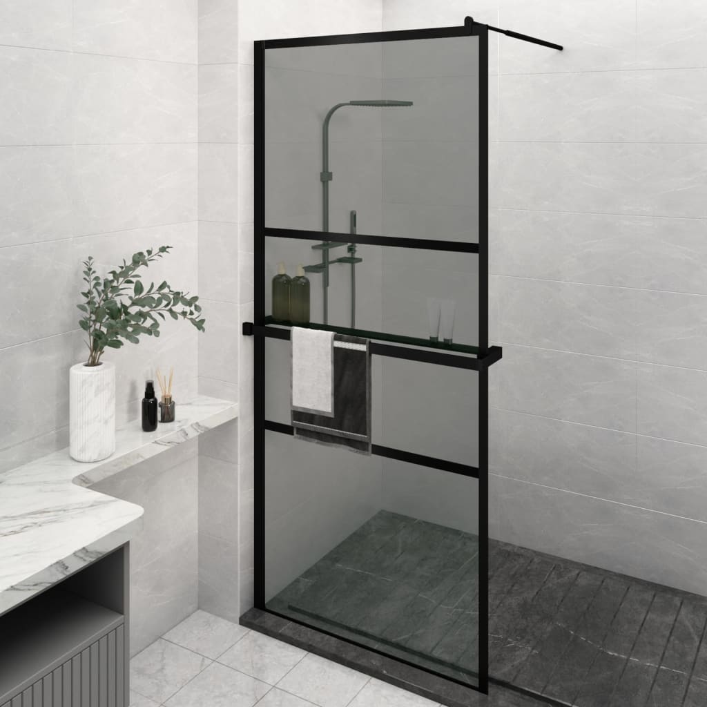 Vidaxl walk-in brusevæg med hylde 90x195 cm esg-glas aluminium sort