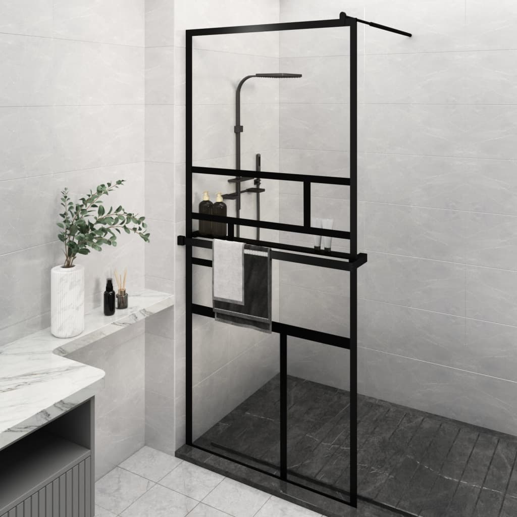 Vidaxl Walk-In Shower Wall con scaffale 100x195 cm ESG-Glas Alluminium nero