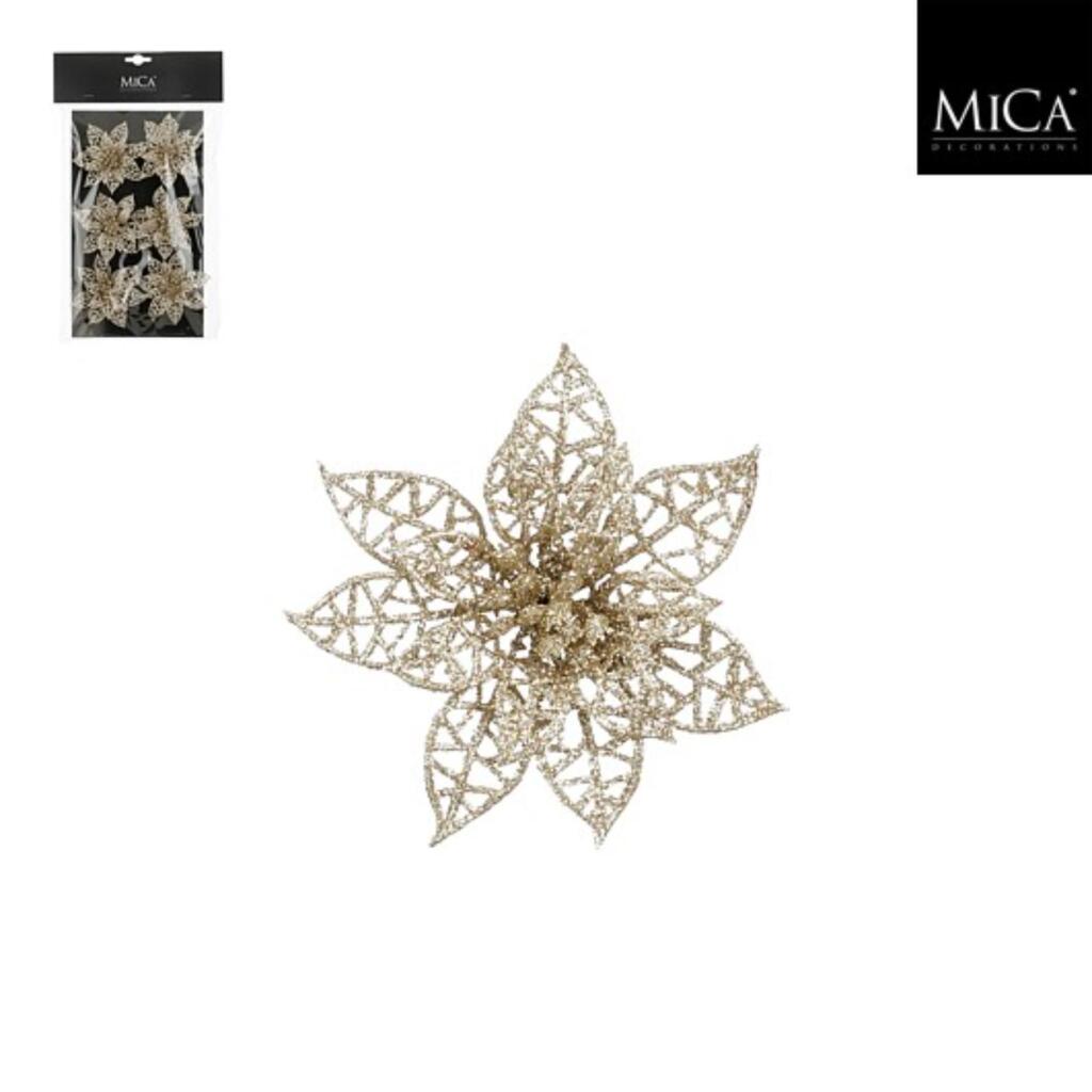 Pince décorations en mica poinsettia 1x8 cm 6 pièces champagne