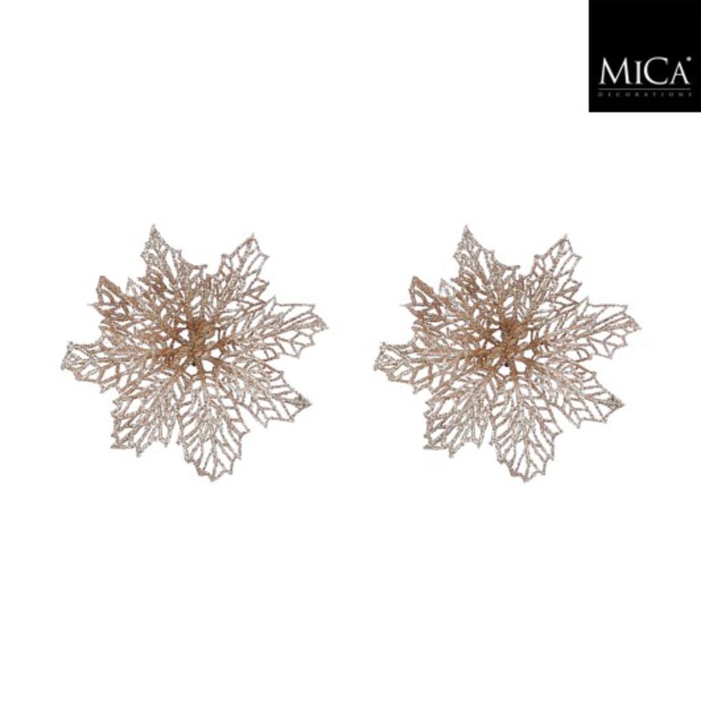 Clip décorations en mica poinsettia 3x13,5 cm 2 pièces champagne