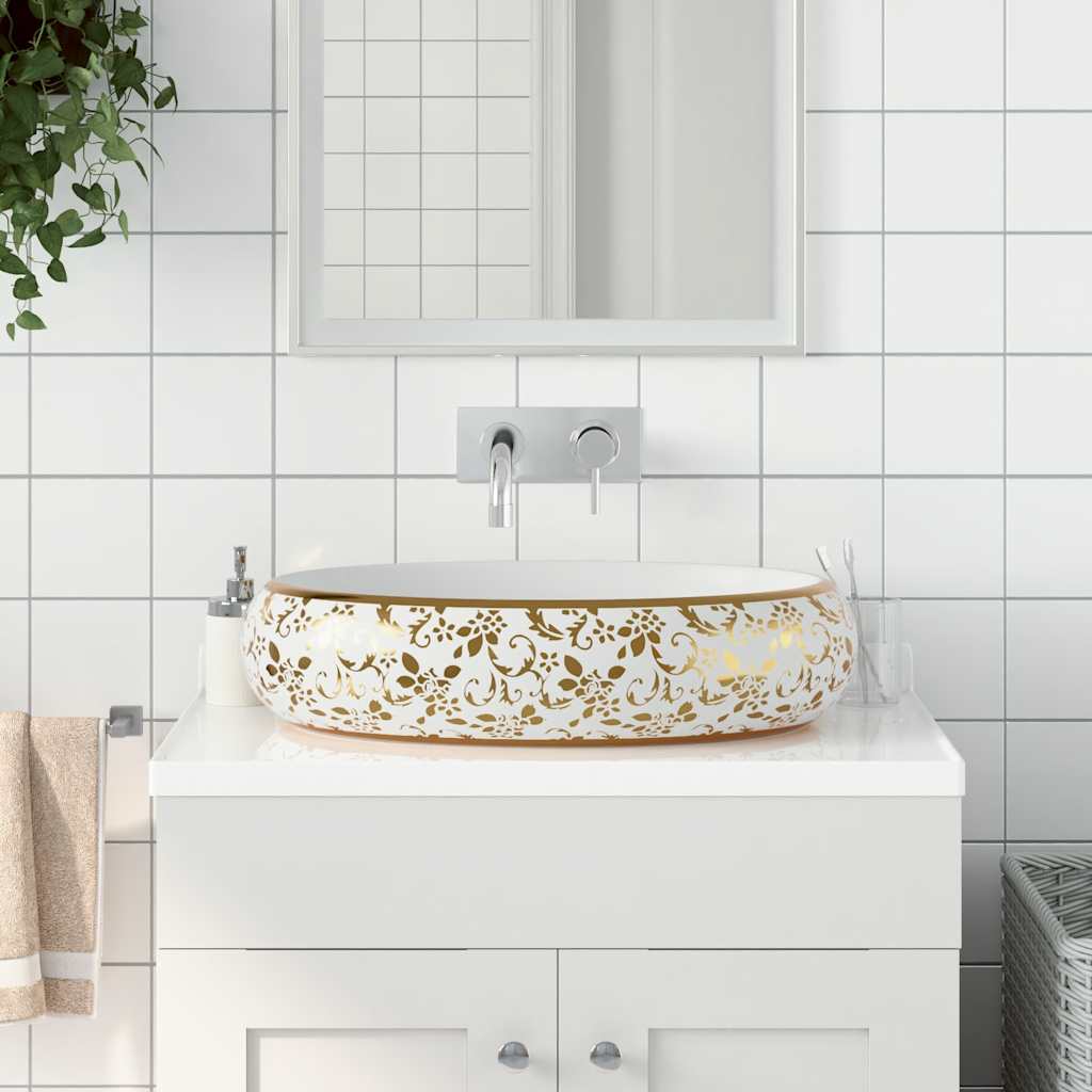 Vidaxx lavabo à poser ovale 59x40x15 cm céramique blanc et or