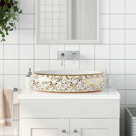Vidaxx lavabo à poser ovale 59x40x15 cm céramique blanc et or