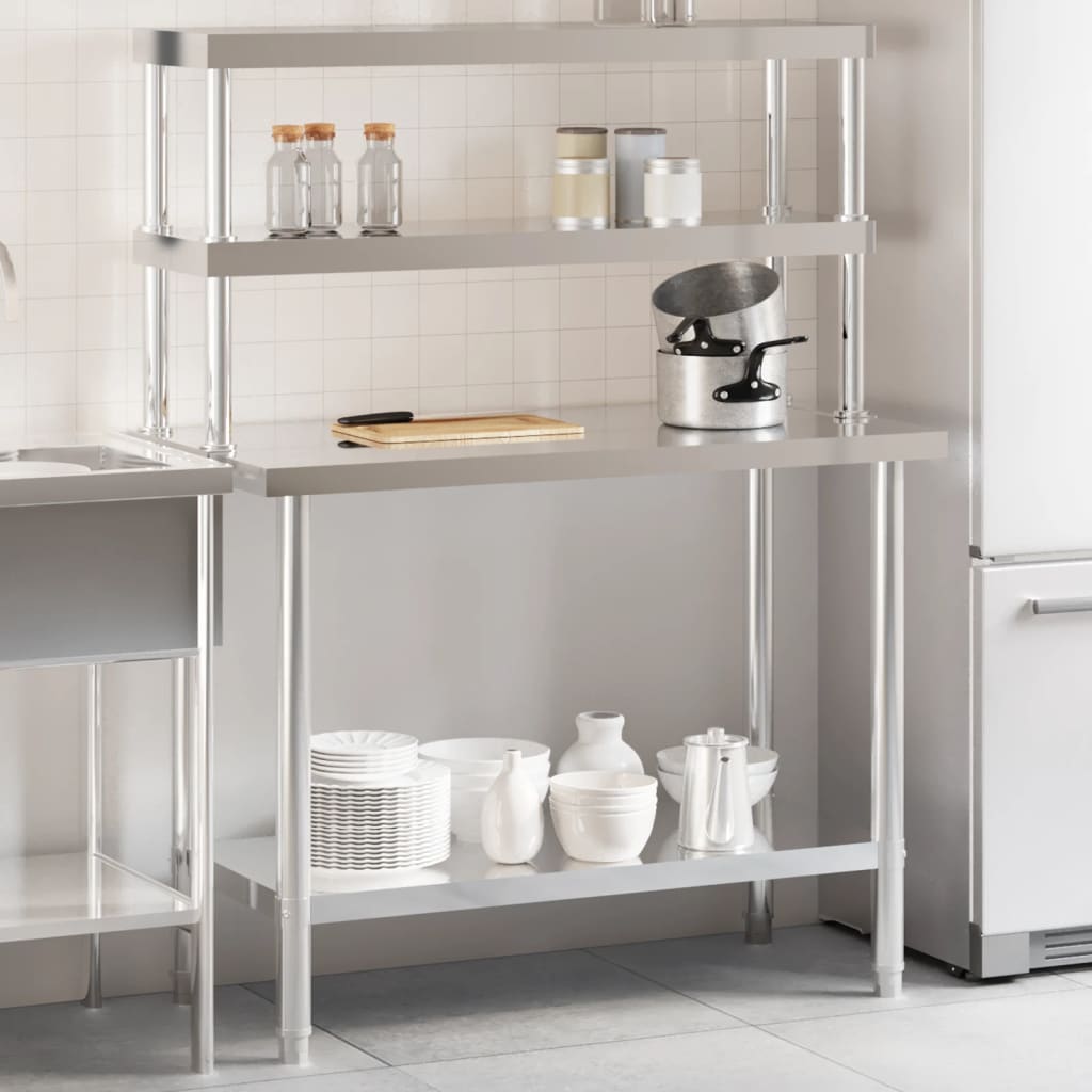VidaXL Table de travail de cuisine avec étagère supérieure 110x55x150 cm acier inoxydable