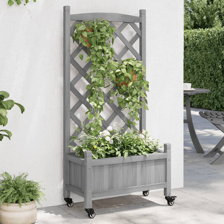 VidaXL Jardinière avec treillis et roulettes, bois de pin gris massif