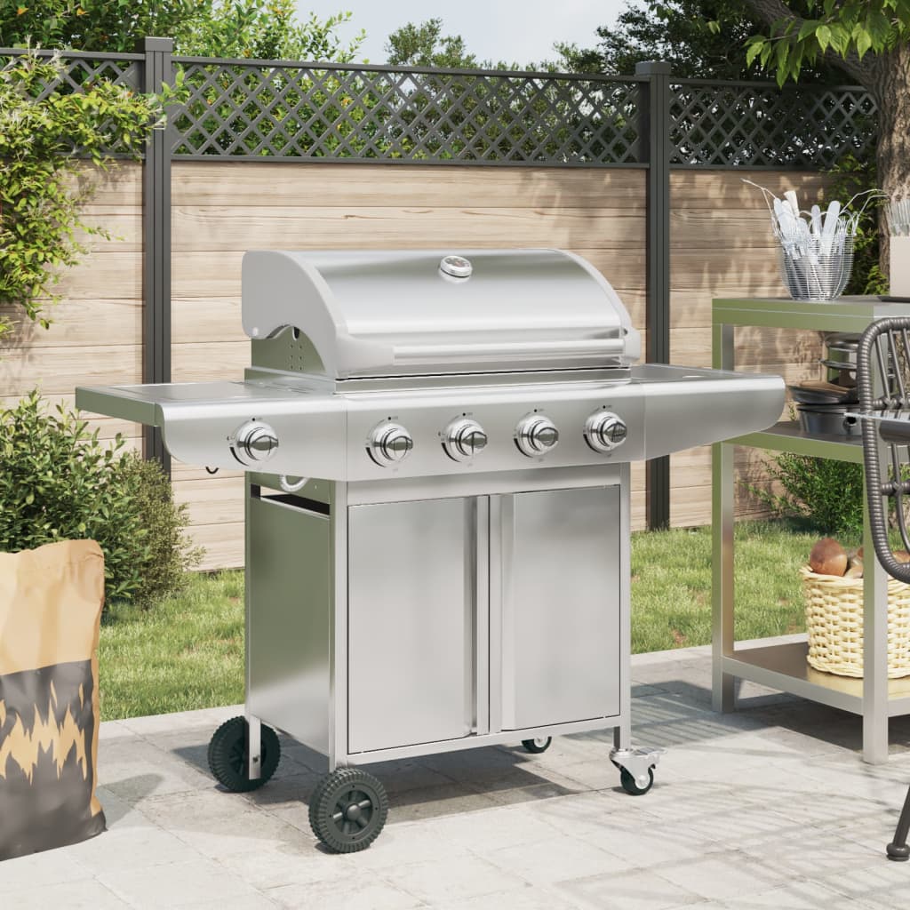 Vidaxl Gas Barbecue mat 5 Burners stainslos Stol Sëlwer faarweg