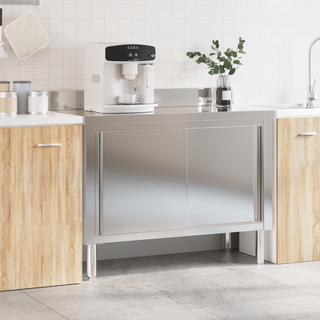 VidaXL table de travail de cuisine avec portes coulissantes en acier inoxydable