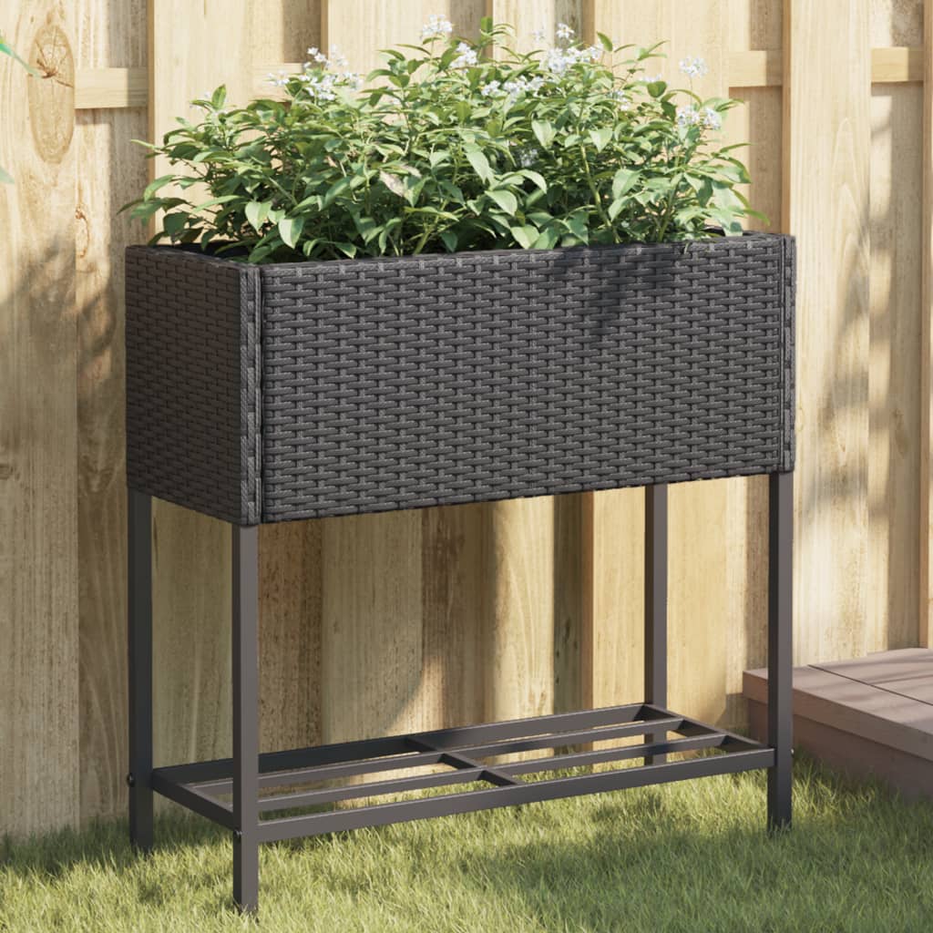 Vidaxl plantenbak met schap poly rattan zwart