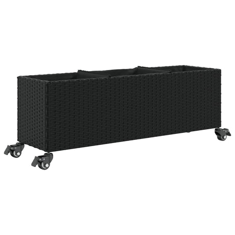 Vidaxl plantenbak met wielen 3 potten 107x32x38 cm poly rattan zwart