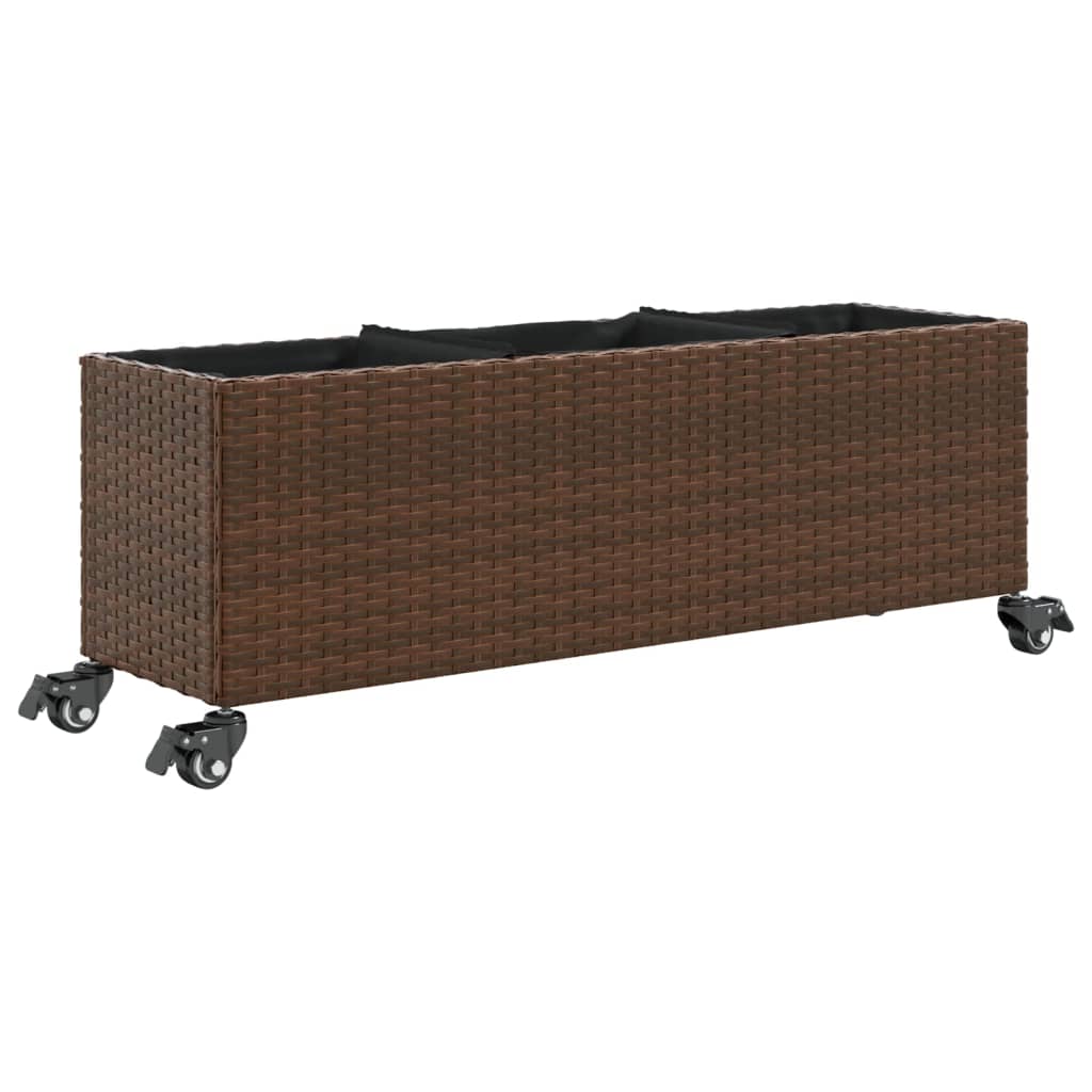 Vidaxl -Pflanzer mit Rädern 3 Töpfe 107x32x38 cm Poly Rattan Braun