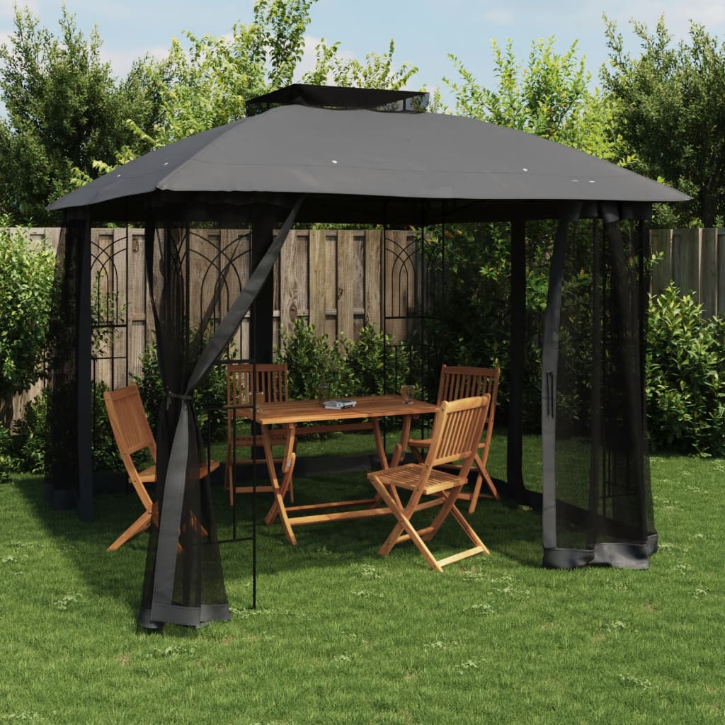 Tonnelle Vidaxx avec parois grillagées et double toit 2,94x2,94 m acier anthracite