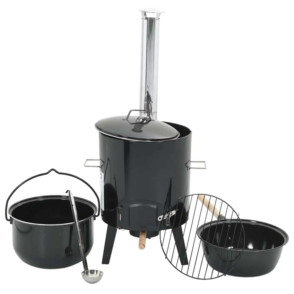Vidaxl canon à goulasch avec cheminée et couvercle en acier émaillé noir