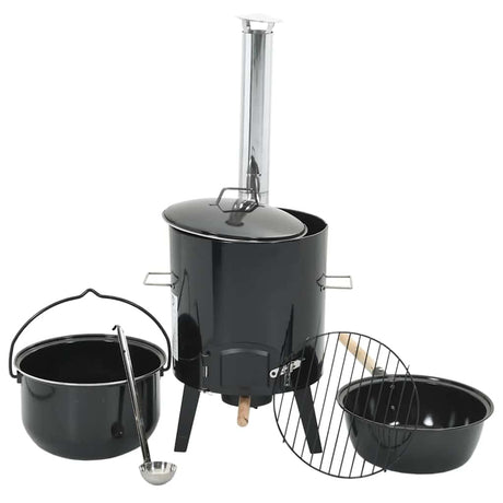 Vidaxl canon à goulasch avec cheminée et couvercle en acier émaillé noir