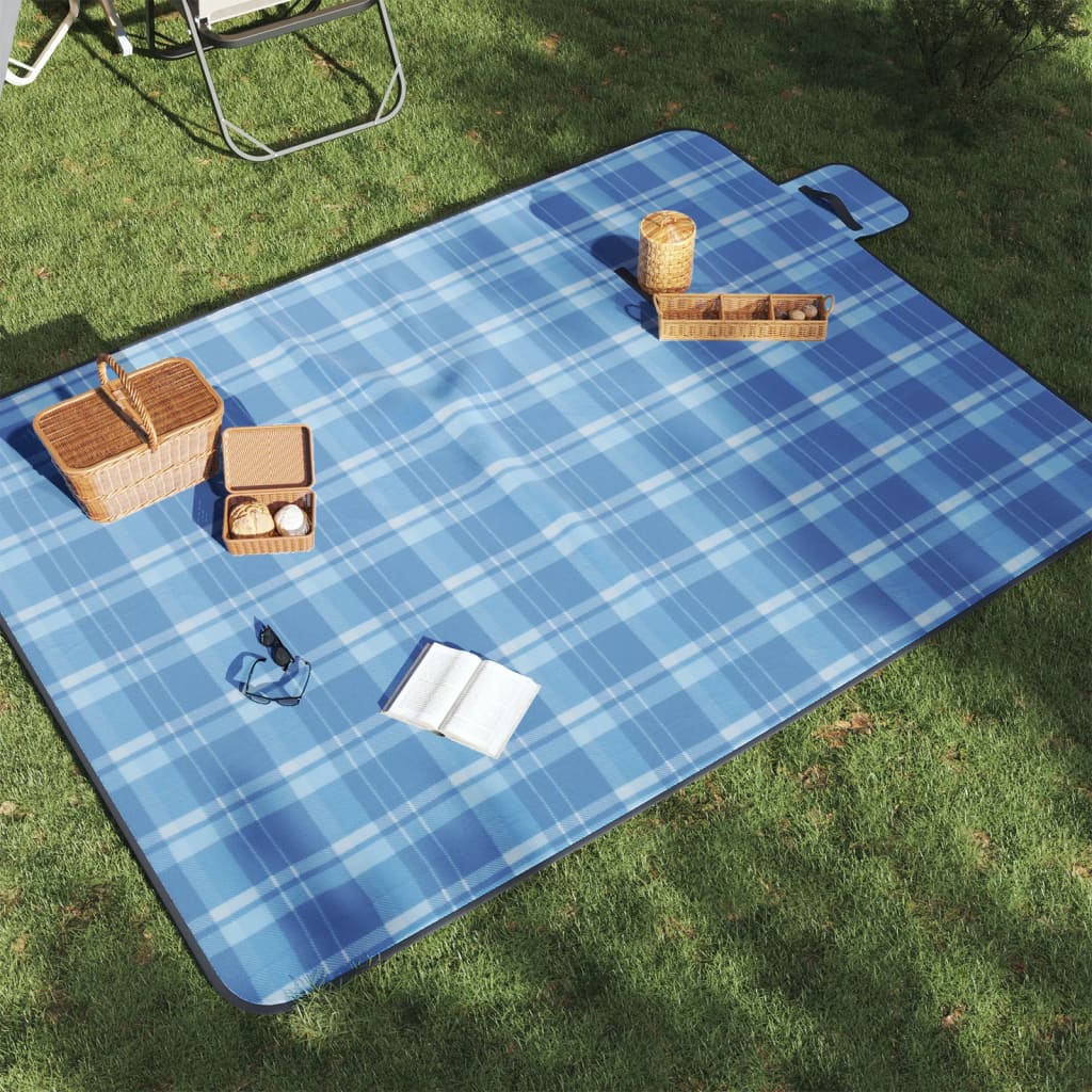 VidaXL couverture de pique-nique pliable à carreaux 200x150 cm velours bleu