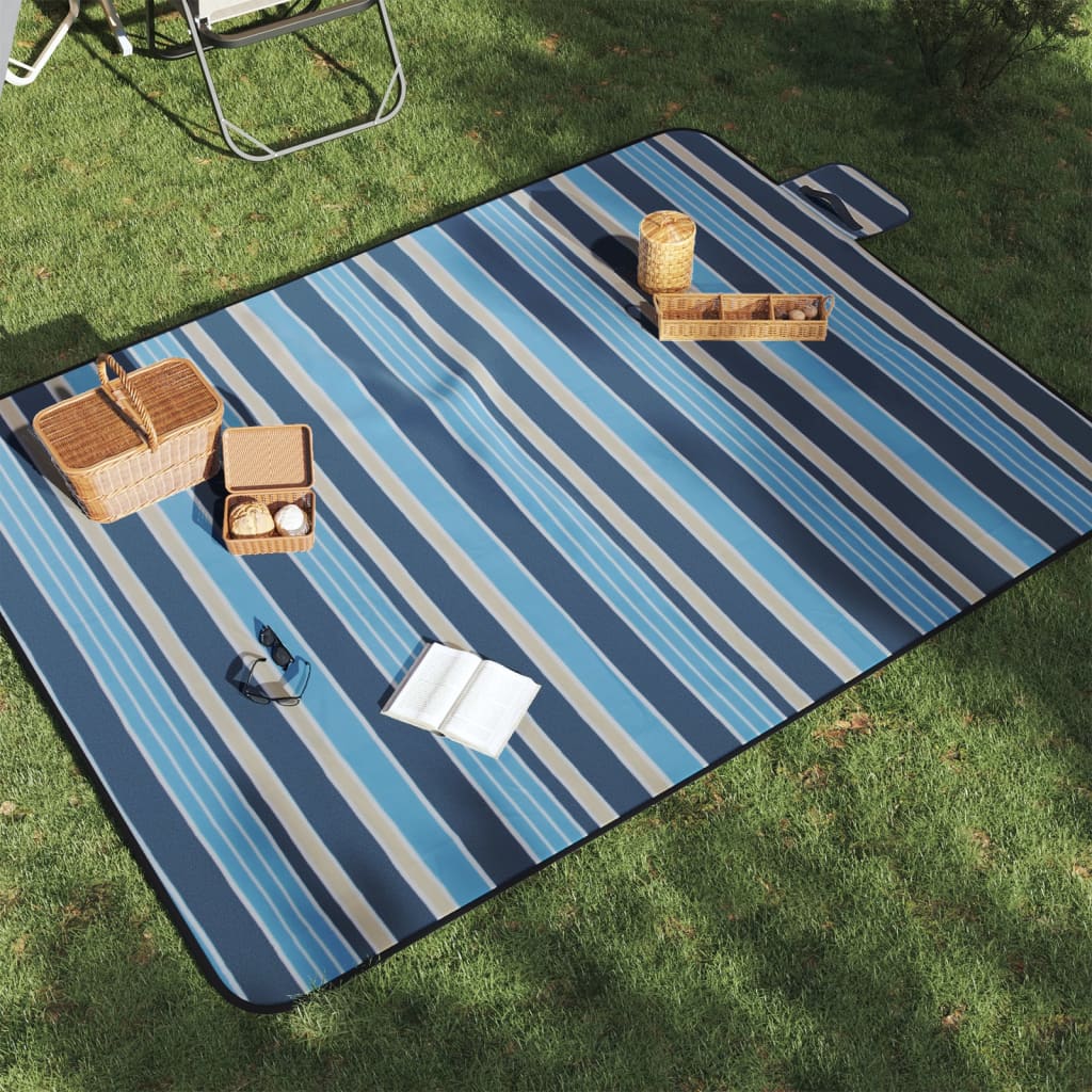 VidaXL couverture de pique-nique pliable rayée 200x150 cm velours bleu blanc