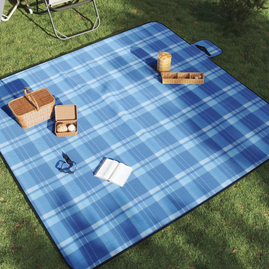 VidaXL couverture de pique-nique pliable à carreaux 200x200 cm velours bleu
