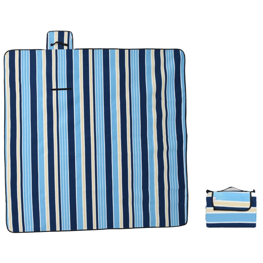 VidaXL couverture de pique-nique pliable rayée 200x200 cm velours bleu blanc