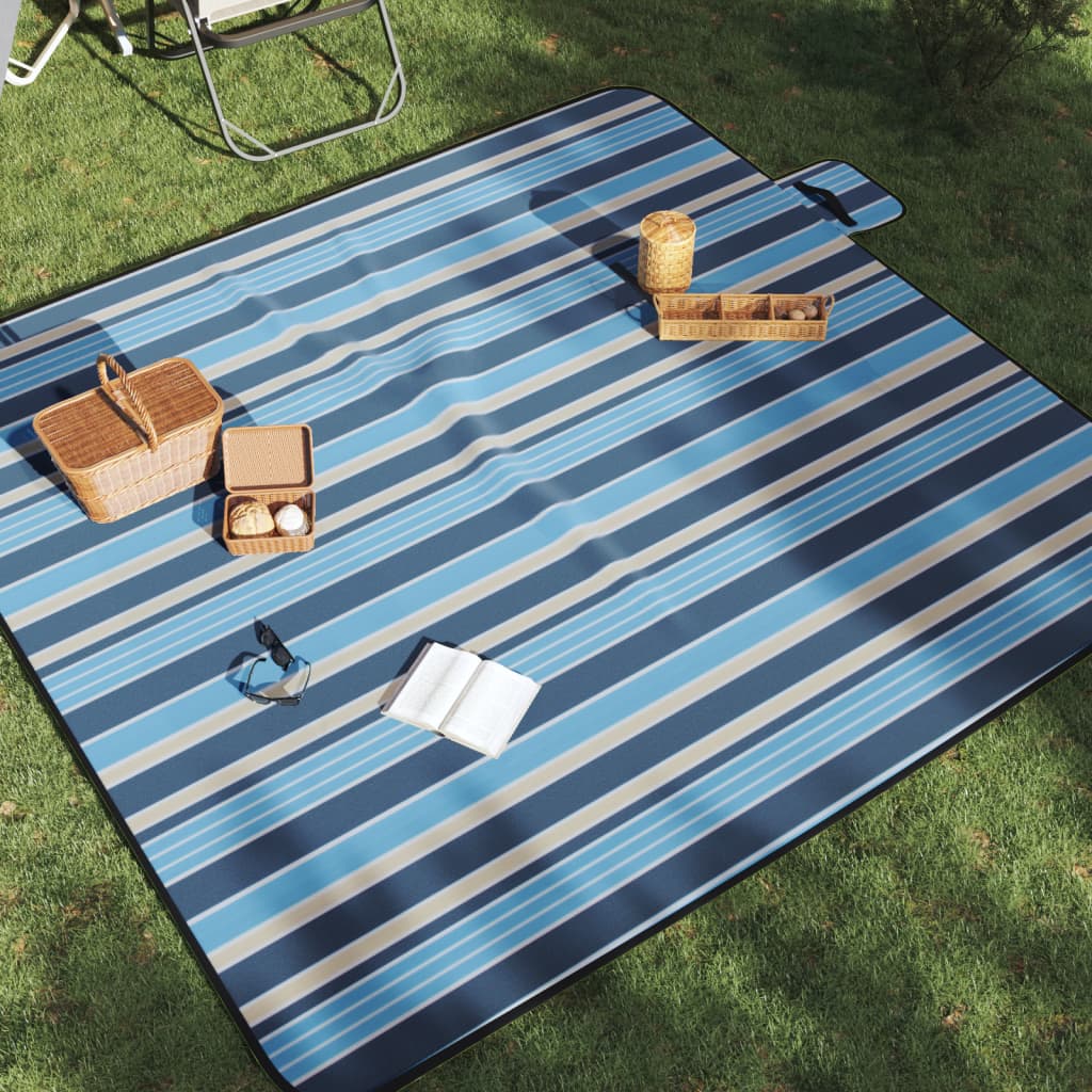 VidaXL couverture de pique-nique pliable rayée 200x200 cm velours bleu blanc