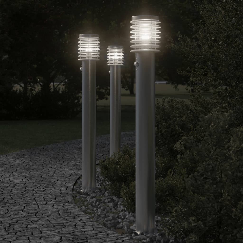 Vidaxx lampadaires d'extérieur 3 pcs avec capteurs 110 cm acier inoxydable argent