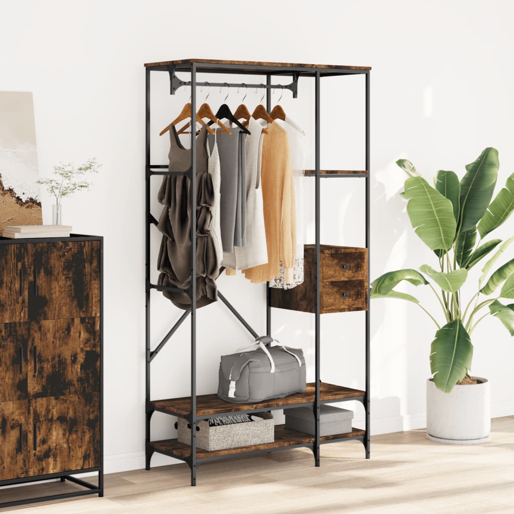 Vidaxl portant à vêtements avec étagères, bois fini, chêne fumé