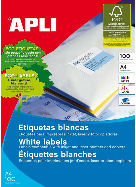 Etiquettes adhésives Apli 1281 100 feuilles 210 x 297 mm blanc