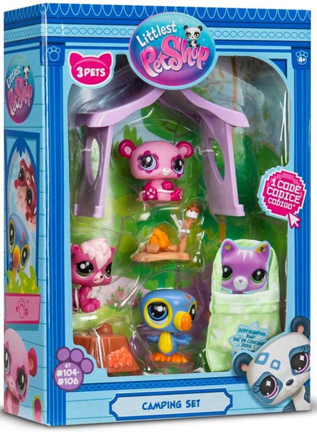Bandai littlest pet shop - pack camping 3 animaux et accessoires - littlest pet shop lps panda écureuil toucan - mini ensemble de jouets figurines d'animaux mignons - jouets pour enfants de 4 ans et + - bf00574