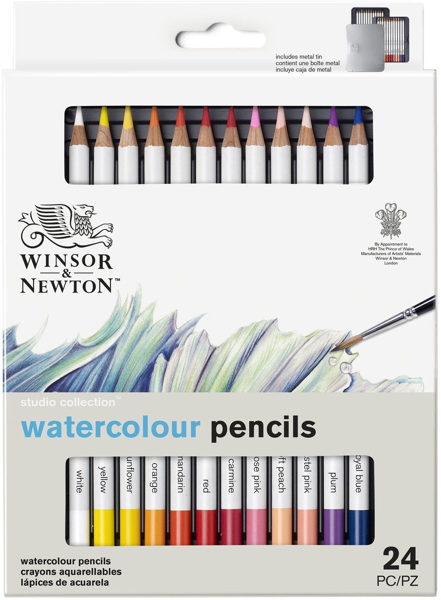 Winsor Newton 0490015 Studio Collection Crayons aquarelle Set 24 pièces – Crayons aquarelle Dikcores dans un étui en métal