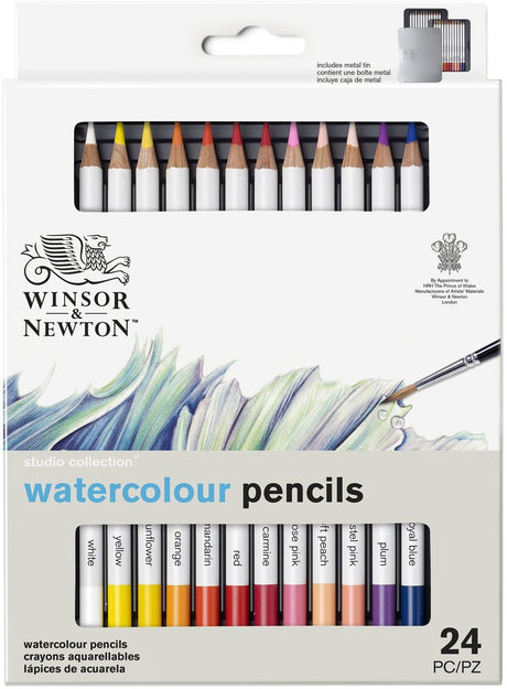 Winsor Newton 0490015 Studio Collection Crayons aquarelle Set 24 pièces – Crayons aquarelle Dikcores dans un étui en métal