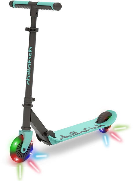 Trottinette enfant Chillafish pour garçons et filles à partir de 5 ans avec roues LED - bleu vert - trottinette avec guidon réglable et frein à pied - pliable et légère avec roues ABEC-5 - pas besoin de piles - modèle flexxi glow