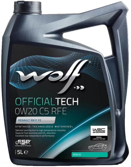 Huile moteur Wolf OfficialTech C5 RFE. huile moteur 0w20 5l off.tech c5 rfe